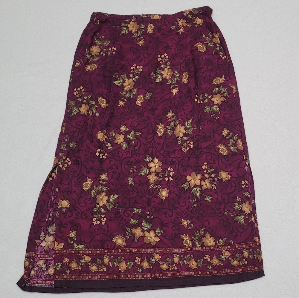 90s Vintage Kathie Lee Marron Tan Floral High Rise Side Slit Midi Skirt L